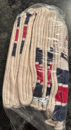 Vintage Schlauch Socken 6 Paar Twin City rot blau Streifen ca. 20" NICHT getragen verfärbt