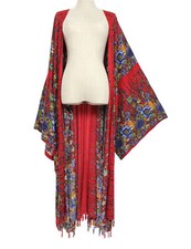 Big Kimono Sleeve Long Duster Oversized Jacket Wrap Plus Sz 2X 3X 4X Red Floral