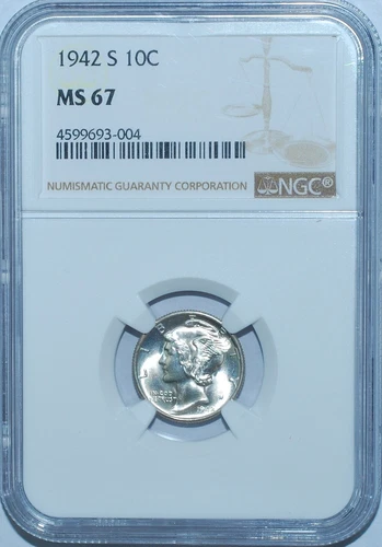 1942 S NGC MS67 Mercury Dime Very Close To FB