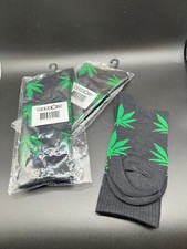 x3 Pairs Men Sports Leaf Weed Marijuana Black and Green Crew Cotton Long Socks