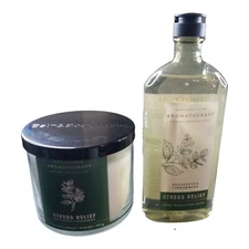 B&BW Stress Relief Eucalyptus  Spearmint Body Wash/ 3 Wick Candle Set Relaxation