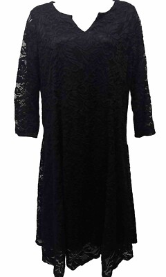 JMS Women Small Black Lace 3/4 Sleeve V Neck A-Line Party Cocktail Stretch Dress