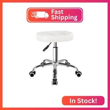 BFTOU White 6-Square Lattice PU Swivel Stool with Wheel for Work SPA Shop Massag