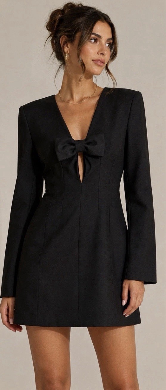H&M Edition Black Bow Mini Dress Long Sleeve Deep V Tailored Size M