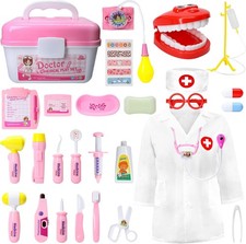 Toy Medical Kit for Kids 38 Pieces Doctor Dentist Pretend Play Set Case Pink 