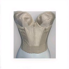 Vtg Carnival Bustier Corset 36A Nude Satin Pin Up Strapless Plunge UW Low Back