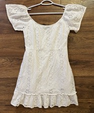 MinkPink White Eyelet Mini Dress M Cotton Puff Sleeve Cottagecore Boho Babydoll