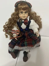 Vintage Artmark Porcelain Doll Brown Hair Blue Eyes Stand Violin 16” W/ Violin.
