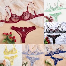 Women's See Through Lace Underwear Set Embroidered Sheer Bra and Panties
