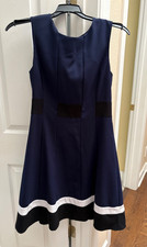 Calvin Klein 10 Navy Blue Sleeveless Fit And Flare Dress Striped Hem