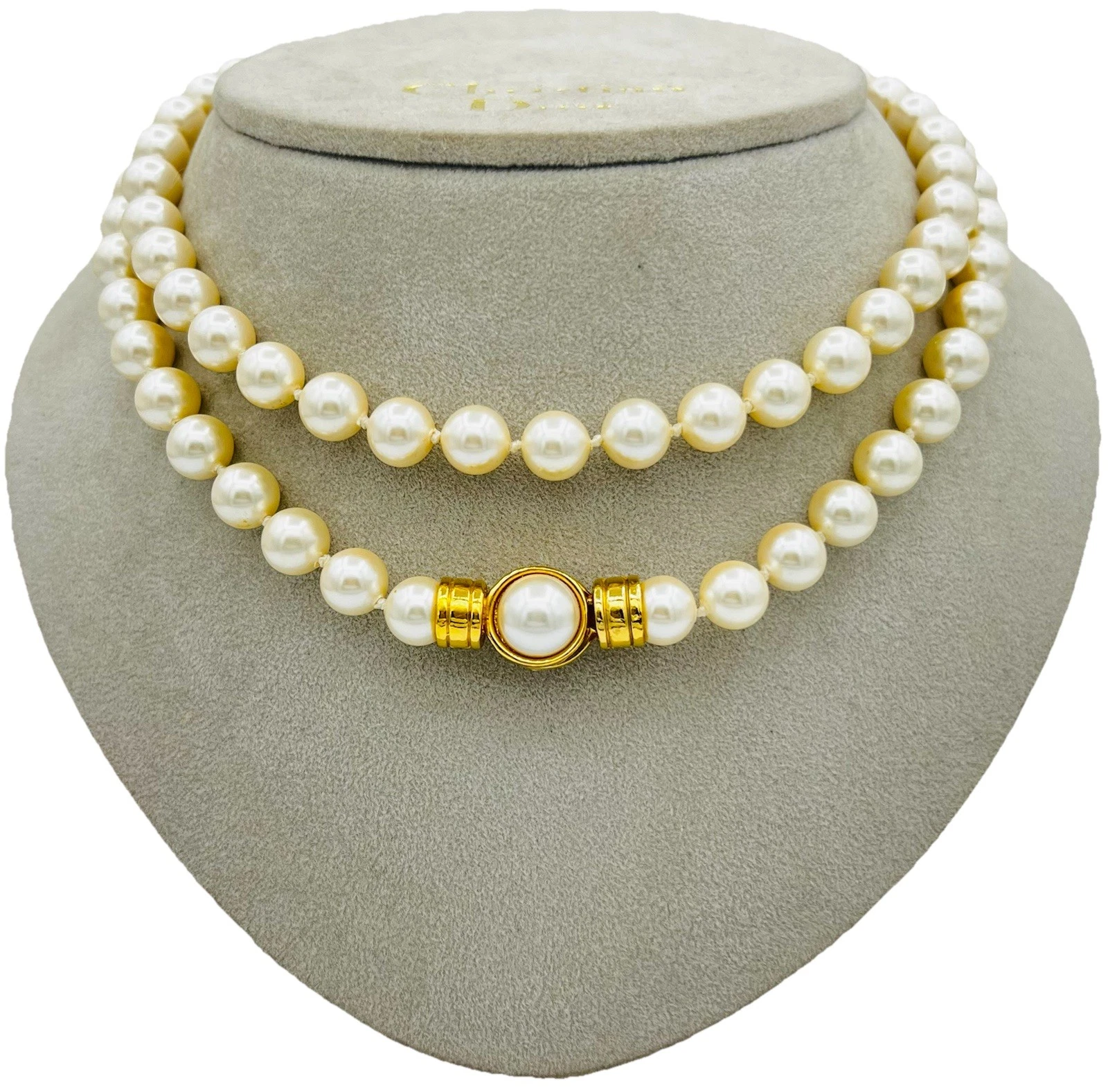 Collana lunga vintage CHRISTIAN DIOR perle artificiali cristallo girocollo gioielli circa 77 cm.