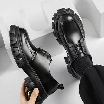 Men's Lace Up Leather Dress Casual Derby Shoes Business Platform Thick Sole Wide