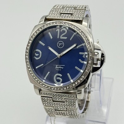 Men's TECHNO PAVE Silver Tone, Blue Dial, Crystal Bling Encrusted Watch, XXmm