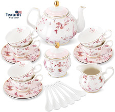 21 Pieces British Porcelain Tea Set with Gold Trim, Pink Autumn Leaves Floral Te