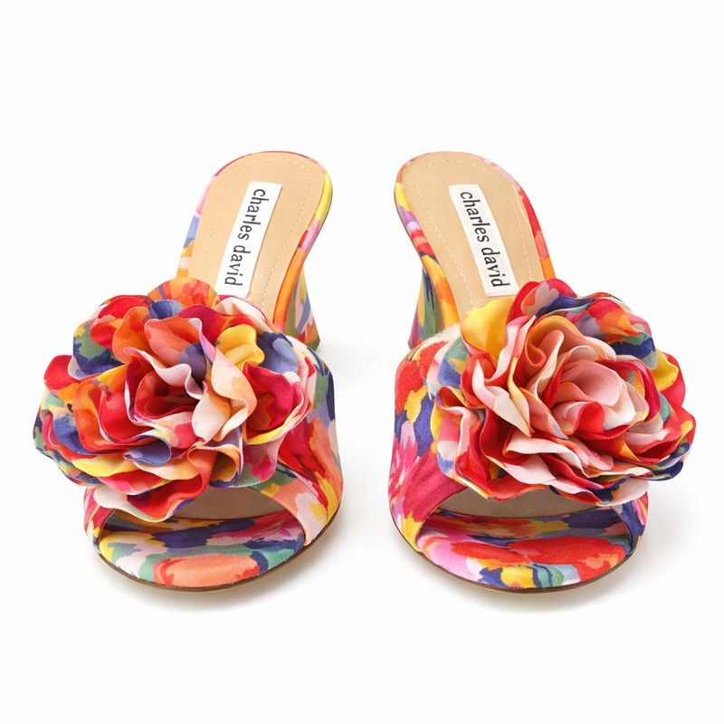Charles David Floral Mule Heels Women’s 6.5 Multicolor 3D Flower Sandal NWOB