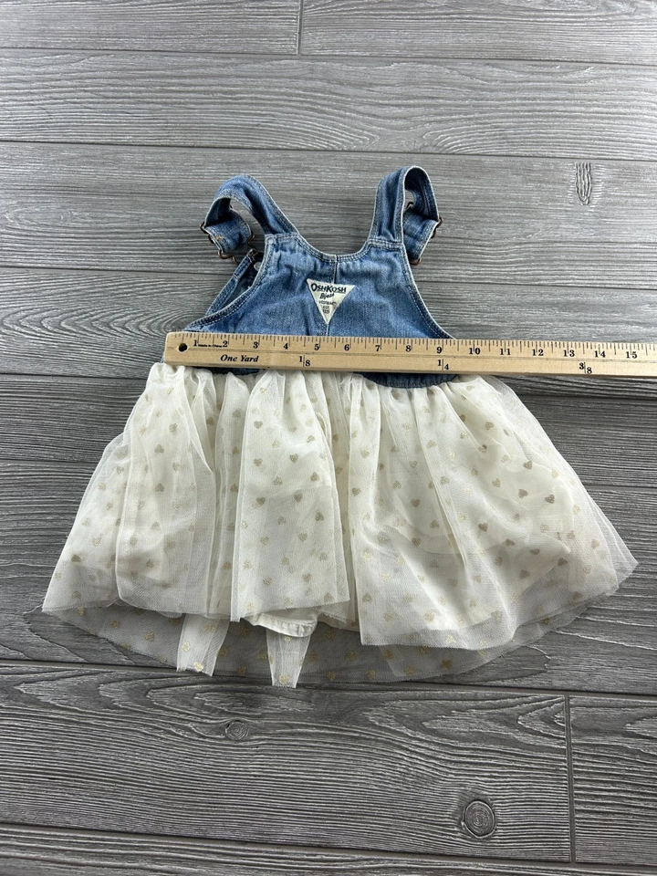 OshKosh Demim 连体裤连衣裙象牙色闪亮薄纱裙蹒跚学步女孩 18 个月 — 第 4/4 张图片