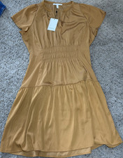 Sojourn Brown Satin Smocked V-Neck A-Line Kne...