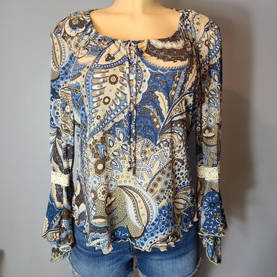 Vtg Fashion Bug Top Ruffle Flare Sleeve Lettuce Hem Paisley Y2K Sz Large Boho