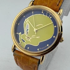VTG Armitron Tweety Bird Quartz Watch 2200/76 Women Gold Tone Leather New Batter