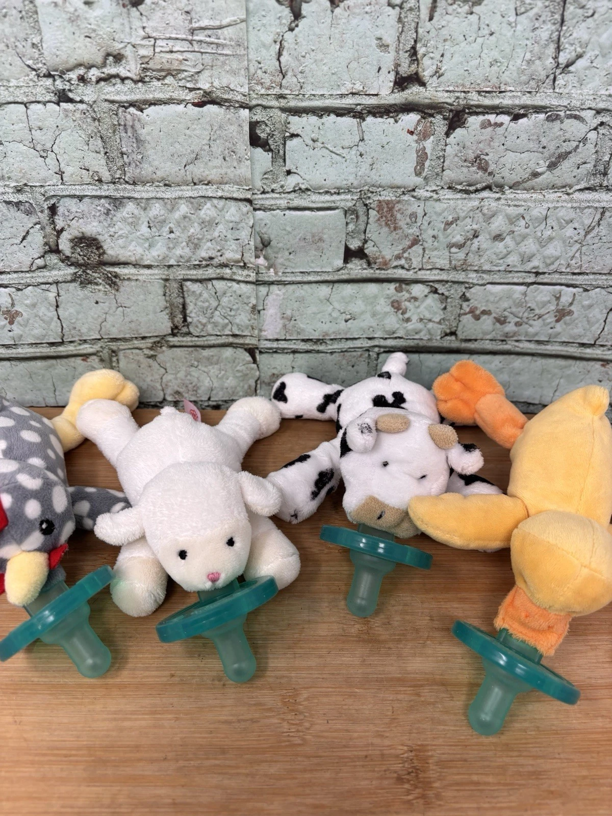 LOT (4) WubbaNub, Avent Pacifier Teether Holder Plush Farm Animals Chicken Lamb