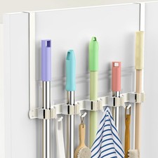 Broom Holder Over The Door with 4 Over Door Hook, Drilling Free Mop - White ...