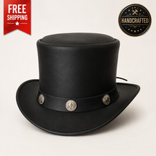 Genuine Leather Black Top Hat Steampunk Gothic Victorian Costume Medallion Band