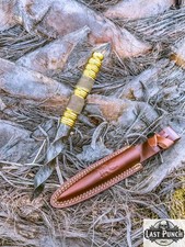 10" Custom Made Hand Damascus Folded Steel Twist Dagger Gold Handle With Leather