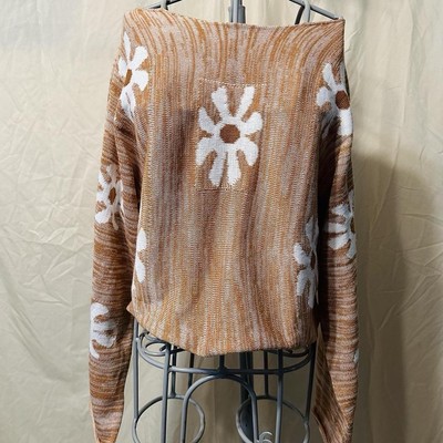 Knit Sweater Crop Flare Sleeve Hippie Boho Flower