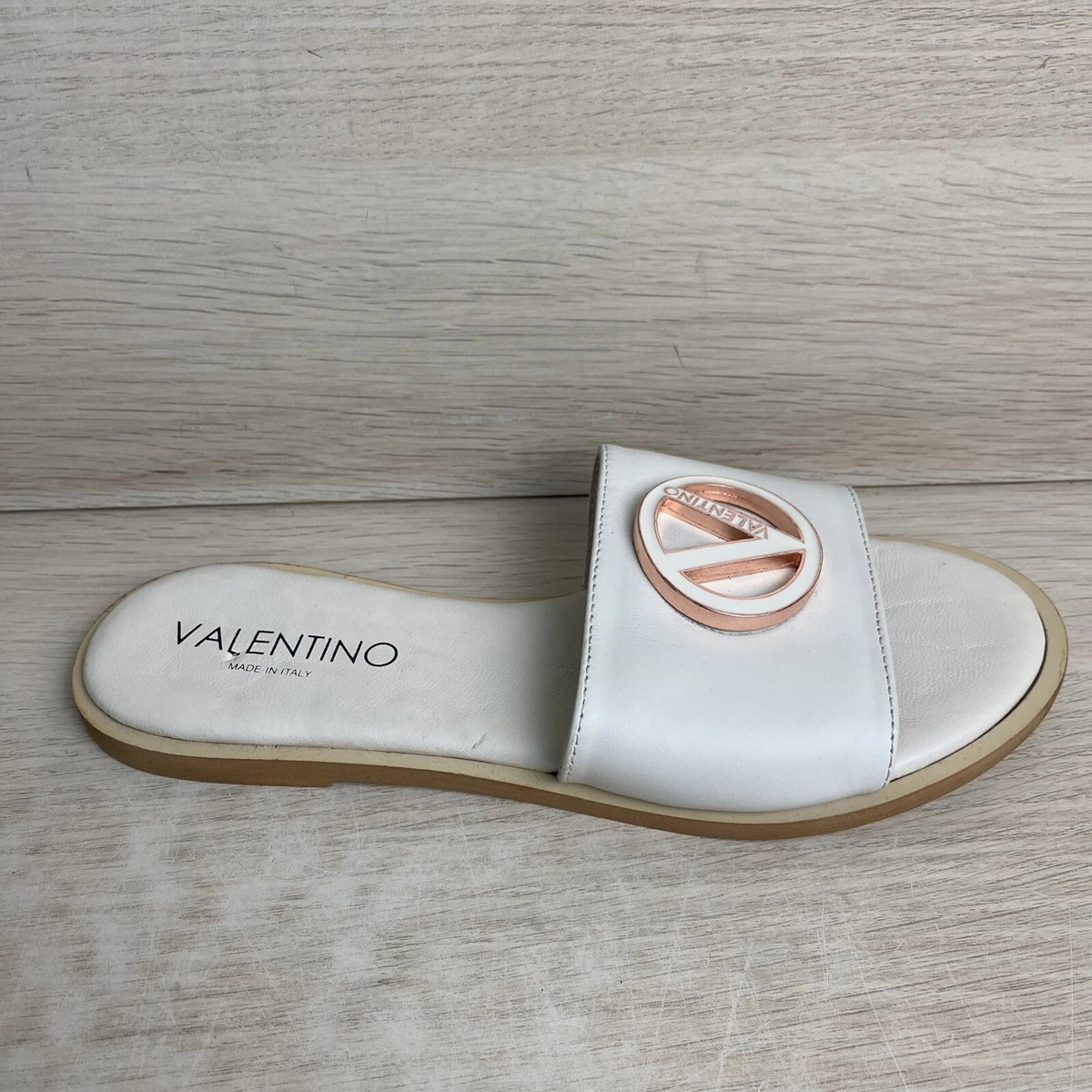 Valentino By Mario Bugola Logo Beige Leather Slip On Flat Sandals