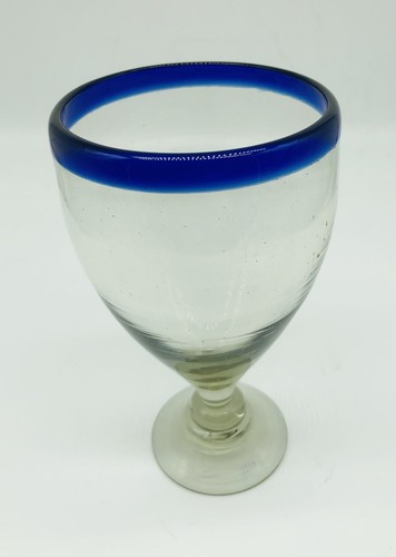 Mexican Blue Rim Footed 7” Wine Goblet Hand Blown Glass Mimosa -Replacement- A3