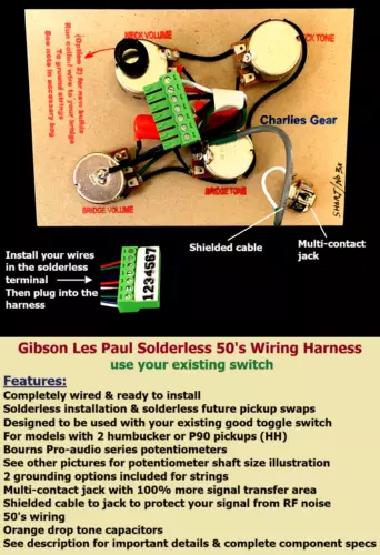 Gibson Les Paul Solderless 50's Wiring Harness SHORT Shaft Pots/Use Your Switch