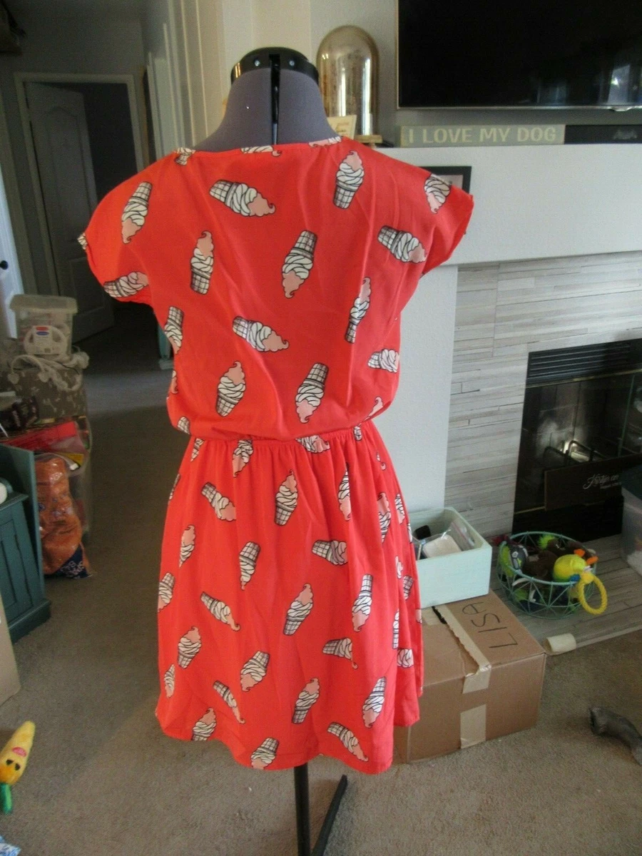 CUTE Peach Love Cream Orange Ice Cream Print Short Sleeve Dress