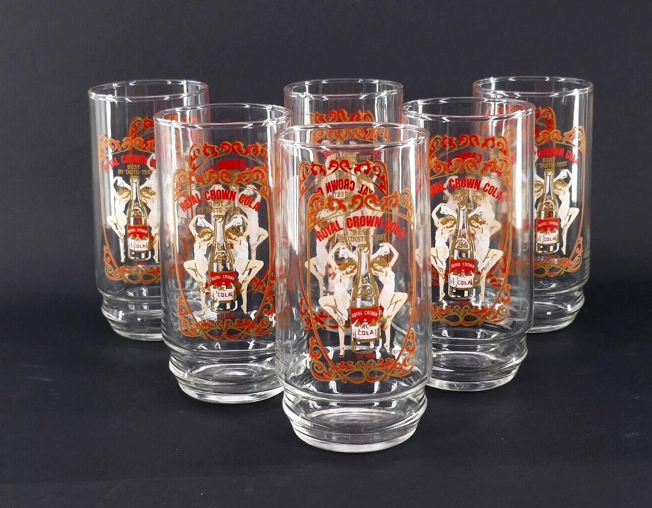 6 ViNTAGE RC ROYAL CROWN COLA BEST BY TASTE TEST 16 oz GLASS TUMBLER GLASSES SET