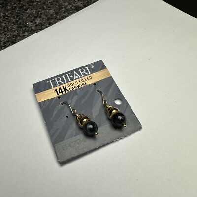 Trifari Gold Tone Dark Blue Stone Bead Dangle Drop Pierced Earrings