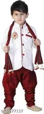 Indian Bollywood Kids Red White Cotton Silk Festive Sherwani Set For kids boys