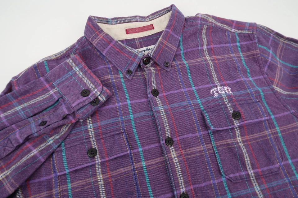 TCU Horned Frogs Tommy Bahama Mens XXL Purple Plaid Flannel Shirt Size 2XL - Image 2 of 4