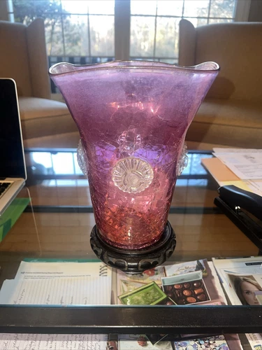 blenko  crinkle glass vase pink