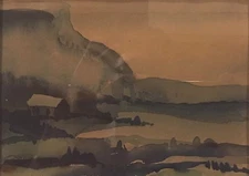 Original American Modernist Watercolor Painting - 1950's - Cabin In Wilderness