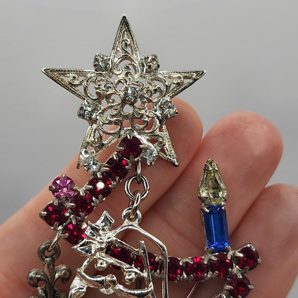 Vintage Christmas Tree Brooch LARGE Rhinestone Santa Dangles eBay