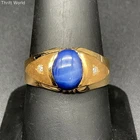 Tested 17K Yellow Gold Blue Sapphire Cabochon Signet Ring Sz 9.75 4.46g Unmarked