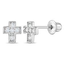925 Sterling Silver CZ Little Cross Screw Back Earrings Toddlers Young Girls