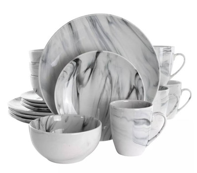 ELAMA FINE MARBLE BLACK WHITE DINNERWARE STONEWARE 16 PCS SET FOR 4 NEW NIB