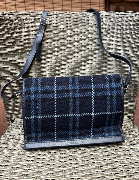 Burberry London Blue Plaid Nova Check Tweed Leather Trim Crossbody Bag Small 