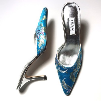 NEW Isaac Mizrahi Y2K Vtg Asian Brocade Floral Silver Embroidered Mules 7.5