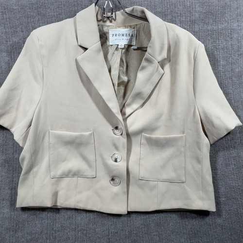 Promesa Short Sleeve Cropped Blazer Beige Button Front Pockets Size M