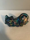 Fenton S. Hopkins Hand Painted Floral Blue Carnival Glass Cat Figurine #152