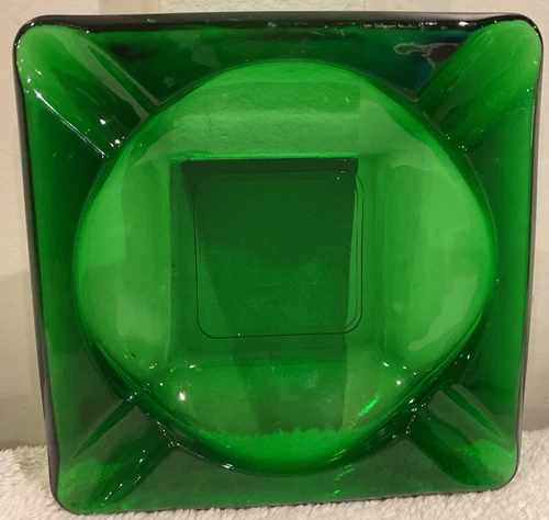 Vtg Ashtray 1940s Cigar Anchor Hocking Emerald Green Glass 6" Square Tapered MCM