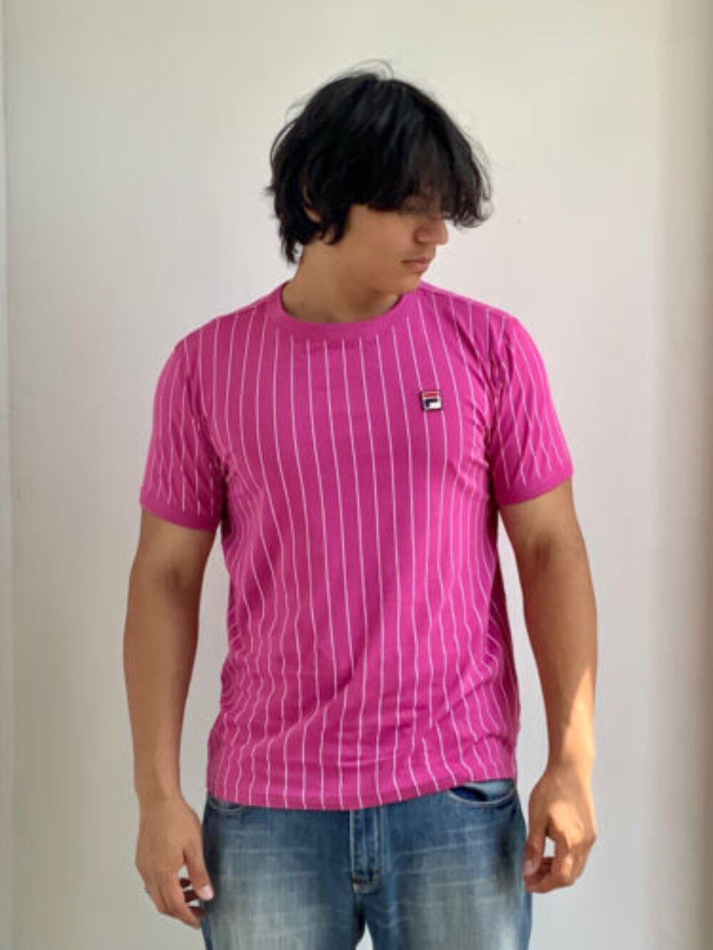 T shirt uomo Fila fucsia bianca a righe manica corta nuova con etichetta