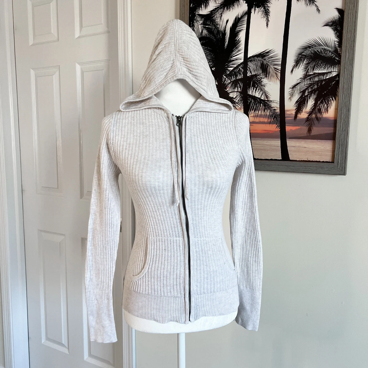 Women's Lilu Ivory Hoodie, Waffle Knit Sweater, Full Zip