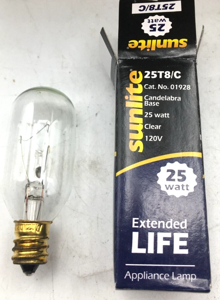 Sunlite Lot of 25 Appliance 25W Candelabra Base T8 Tubular Bulb Clear 25T8/C New - Image 2 of 3